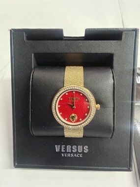 Versace Women's Gold Mesh Watch with Red Dial and Crystal Bezel
